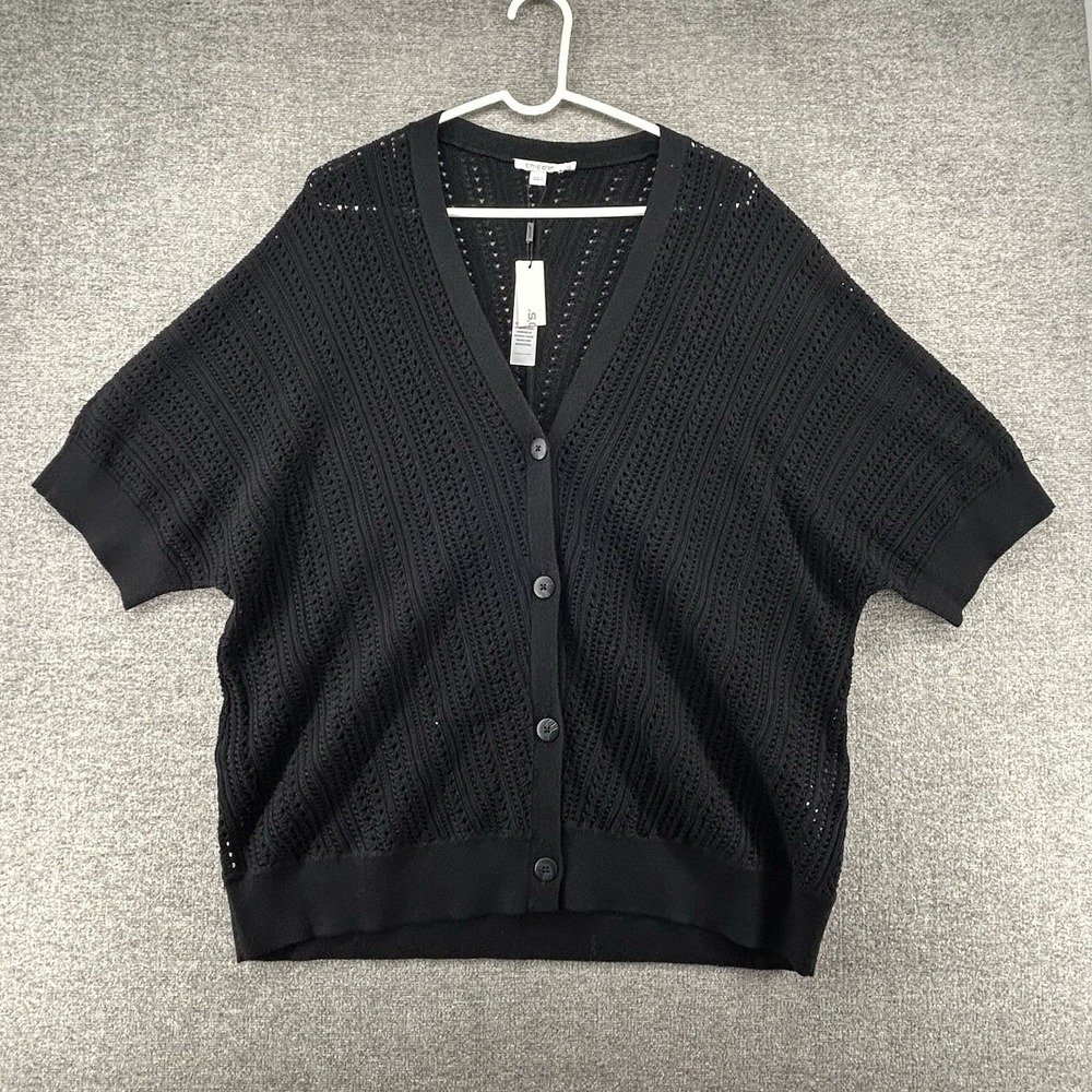 Chicos Cardigan Pointelle Women Sz 4/XXL Black Casual Short Sleeve Open Knit NEW